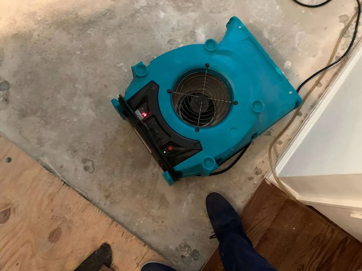Air mover drying subfloor during Leak Detection & Repair in Portage